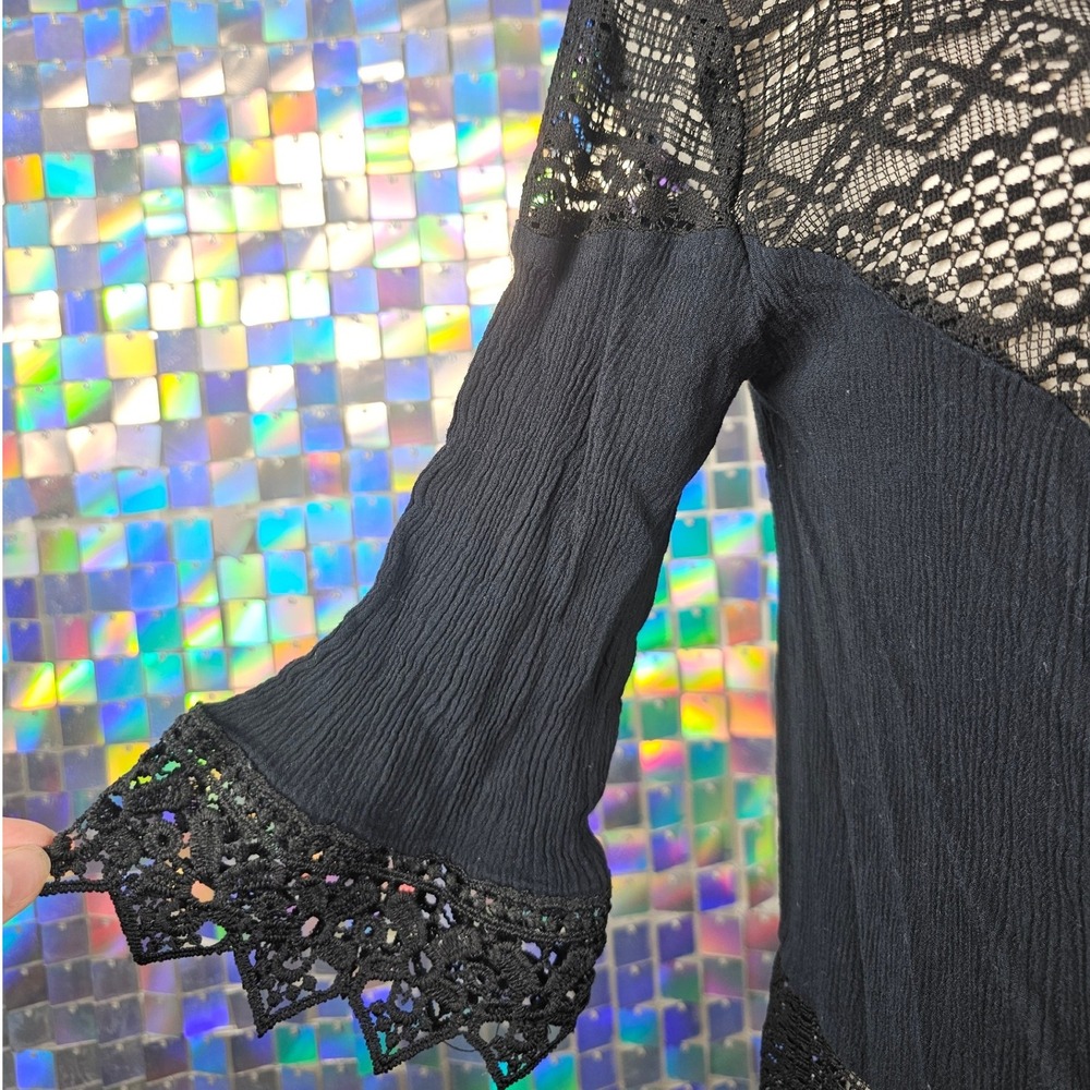 Moral Fiber Black Lace Trim Open Front Cardigan‎ Kimono Duster Women's Small - Picture 3 of 7